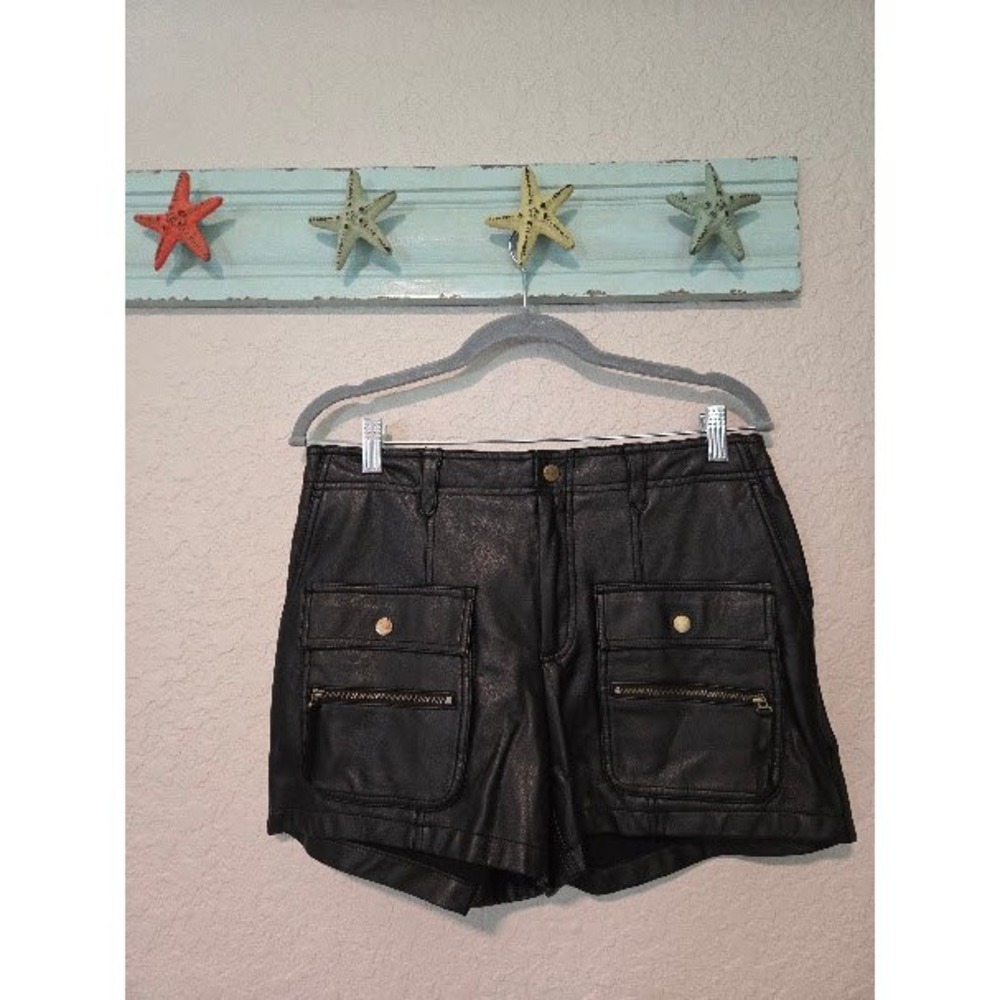 Anthropologie Black Faux Leather Cargo Shorts Moto Utility Size 8